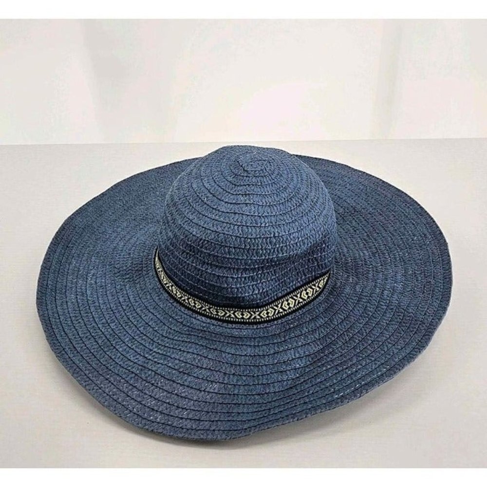Rampage Womens Navy Blue Big Brim Woven Paper Sun Hat w/Band Accent Sz OS